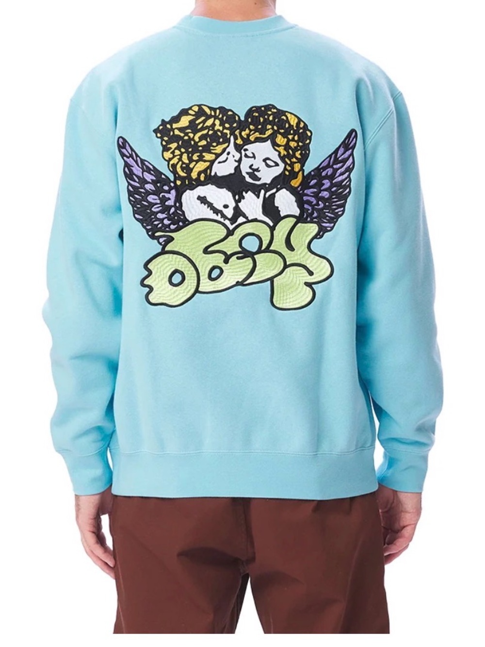 Obey Sky Blue Crewneck Sweater with Cherub Angels Kiss size M - Picture 2 of 8